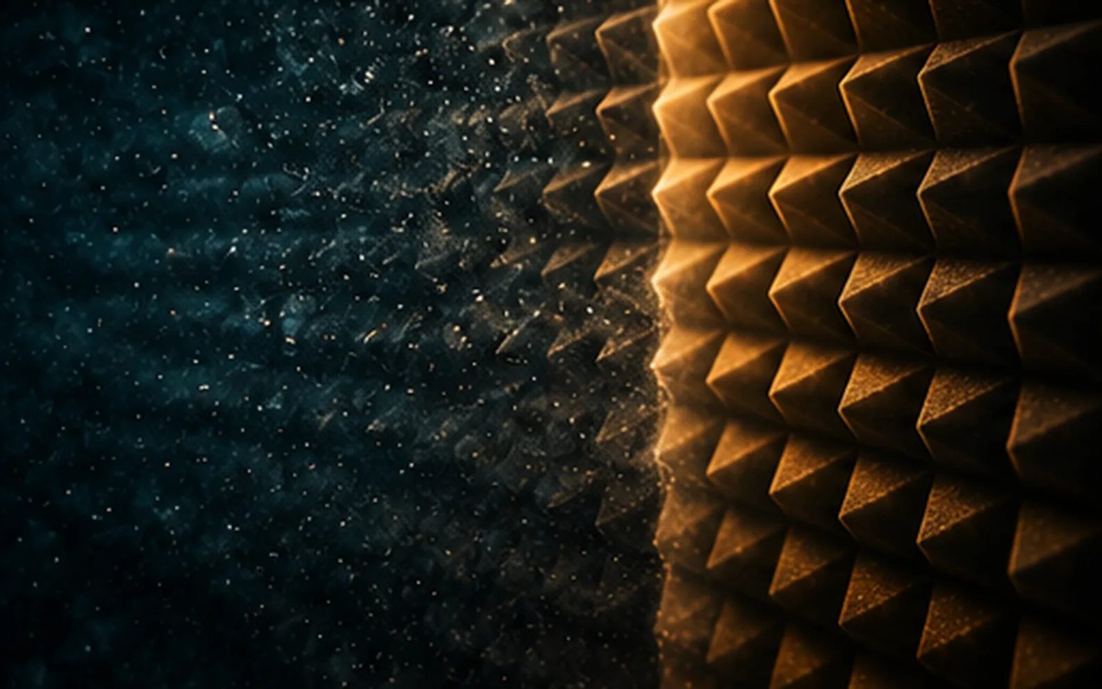 A dark acoustic foam wall, cluttered and cold on one side, clean and warm on the other