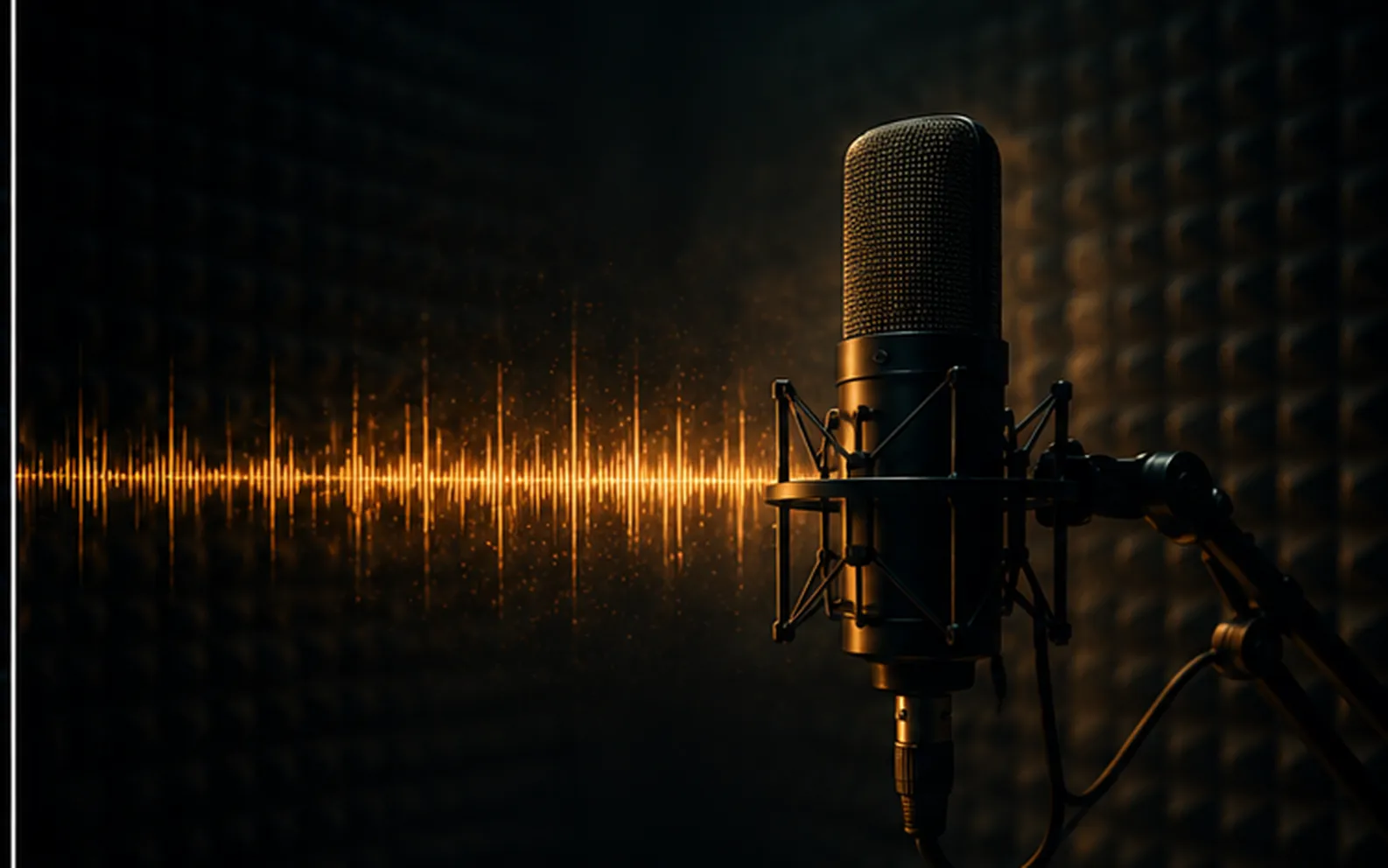 A studio microphone in a dark treated room, a band of warm waveform light streaking away from it