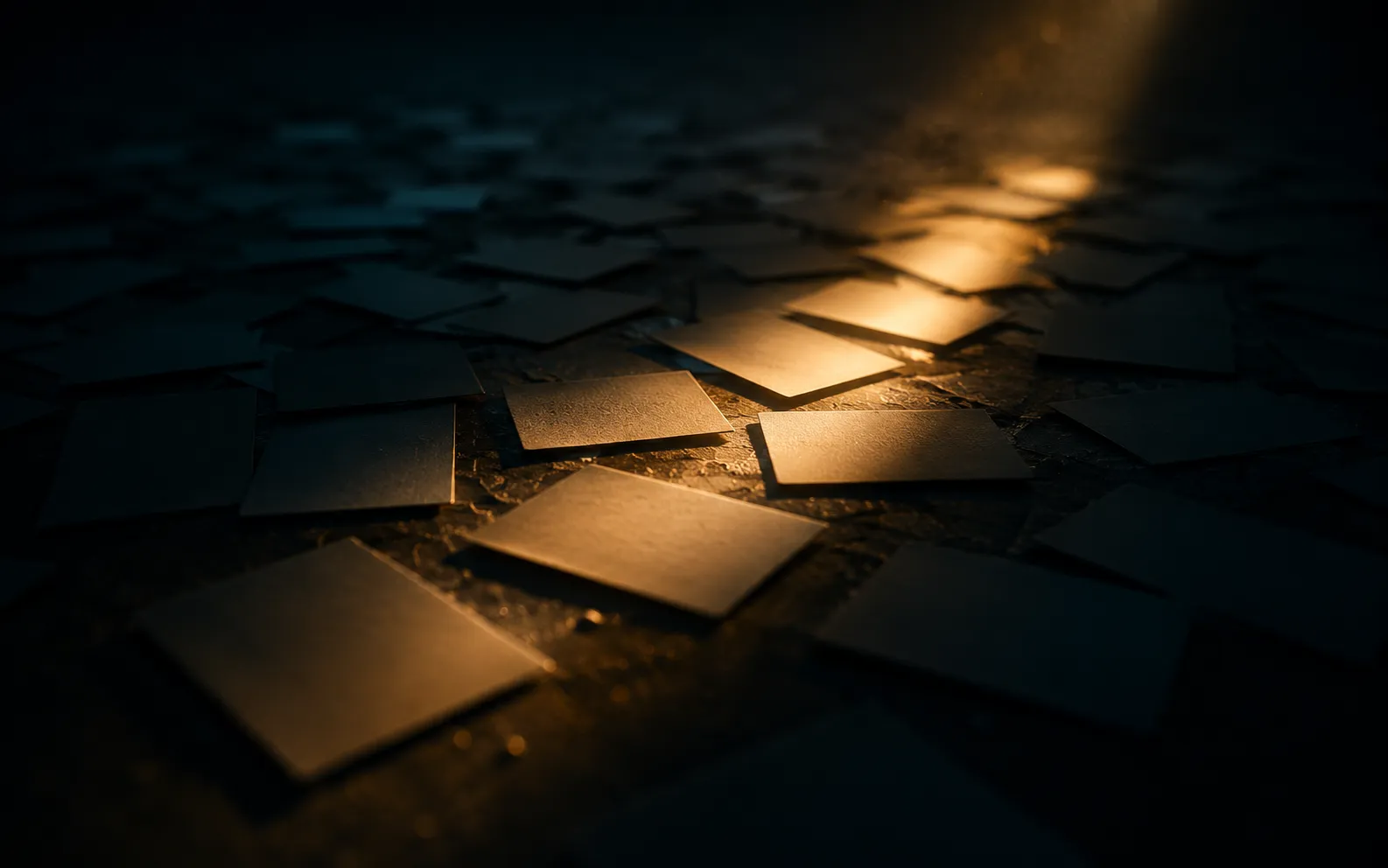 Blank cards scattered on a dark surface, a shaft of warm light picking out a diagonal of them