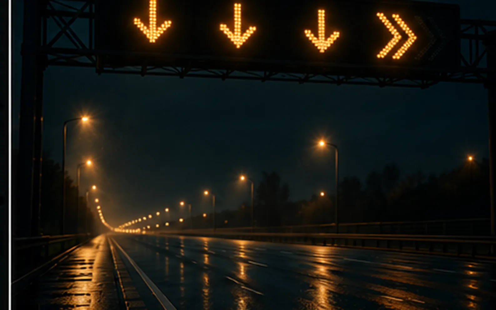 A variable message sign gantry over a wet night highway, amber arrows lit on its matrix